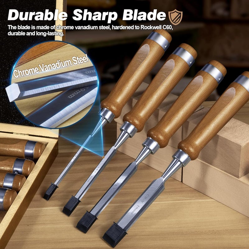 Mount Jasper 10 Pieces Wood Chisel Set, 1/4"~2" Woodworking Chisel Kit with Sharp CR-V 60 Steel Blades, Wooden Box, Honing Guide, Sharpening Stone for Carpenter Craftsman Woodworker - Image 3
